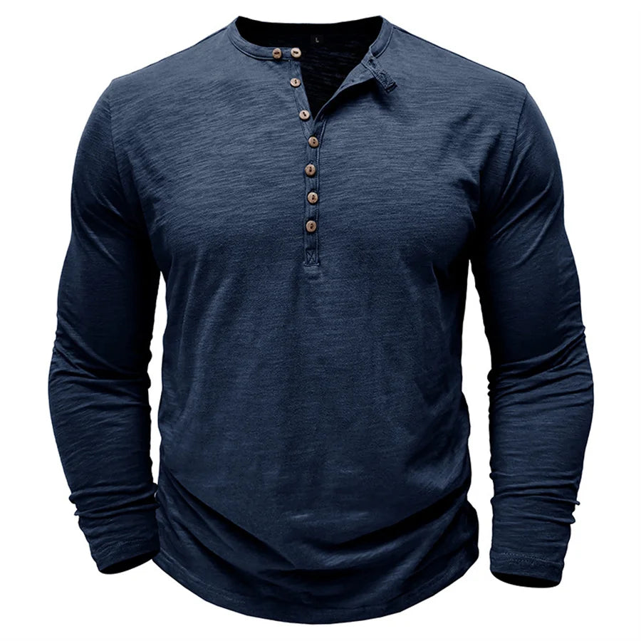 Men's 100% Cotton Henley T-Shirt Quality Long Sleeve Basic T Shirt