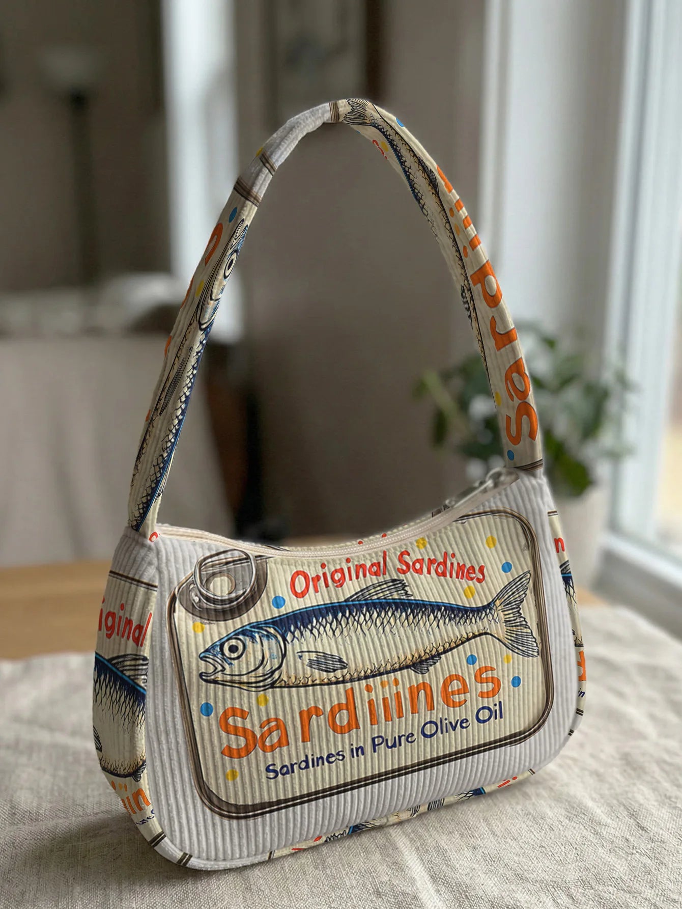 Trendy Sardine Print Shoulder Bag, Corduroy Underarm Bag for Daily Casual Use