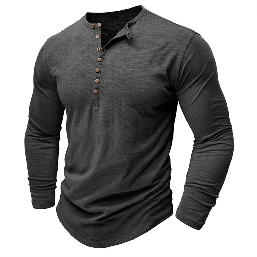 Men's 100% Cotton Henley T-Shirt Quality Long Sleeve Basic T Shirt