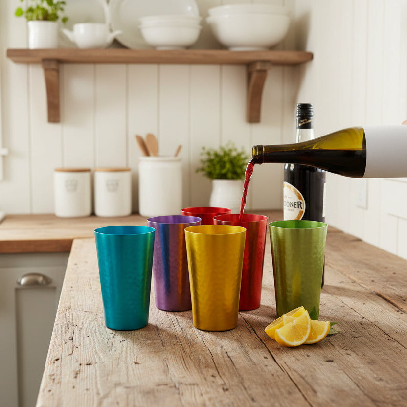 Colorful metal cups on a table with a bottle of beer and lemons, set against a white background.