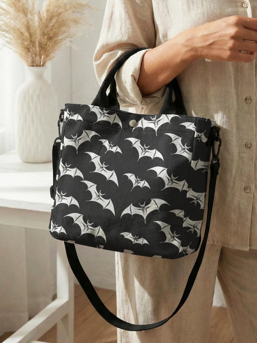 White Bat Halloween Print Tote Bag Detachable Strap Crossbody Handbag For Women Daily Shopping