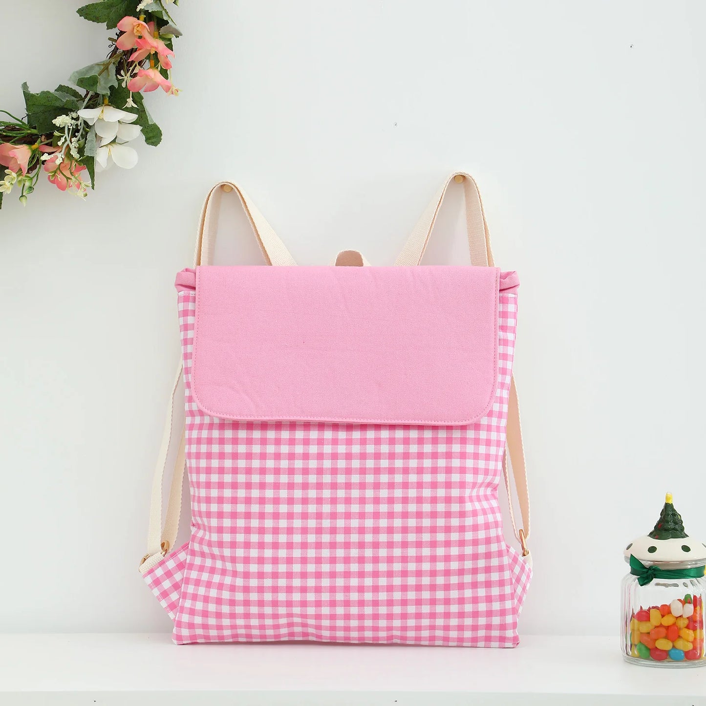 Plaid Backpack For Girls Drawstring Students Canvas Travel Schoolbag Laptop Bookbag