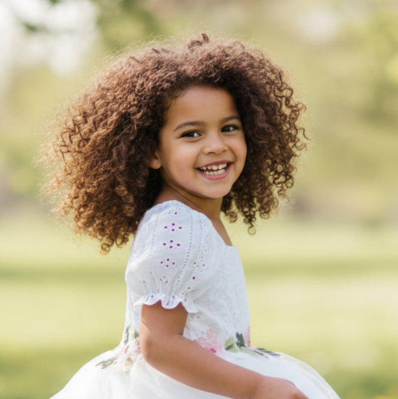 Girls' Knitted Lantern Sleeve Short-Sleeve Dress with Floral Embroidery, for Ages 4-7