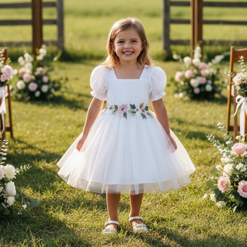 Girls' Knitted Lantern Sleeve Short-Sleeve Dress with Floral Embroidery, for Ages 4-7