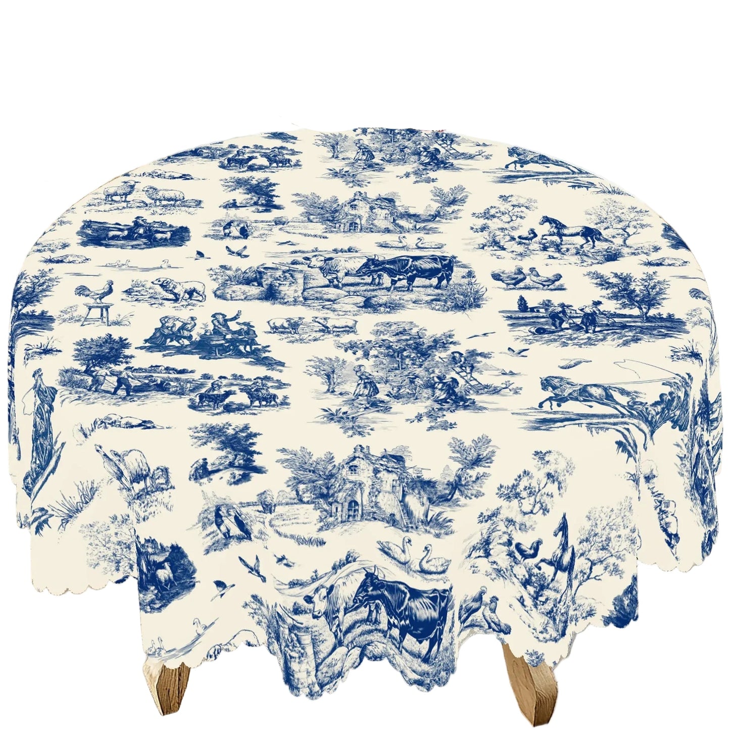 Pastoral Toile Print French Country-style Blue and White Tablecloth