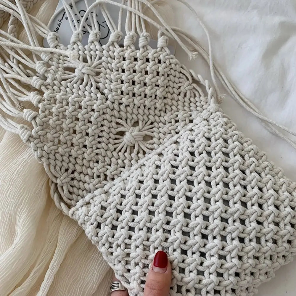 Simple Ethnic Style Woven Straw Bag Solid Color Fringe Tassel Shoulder Bag Coin Purse Phone Bag Women Crossbody Bag Beach