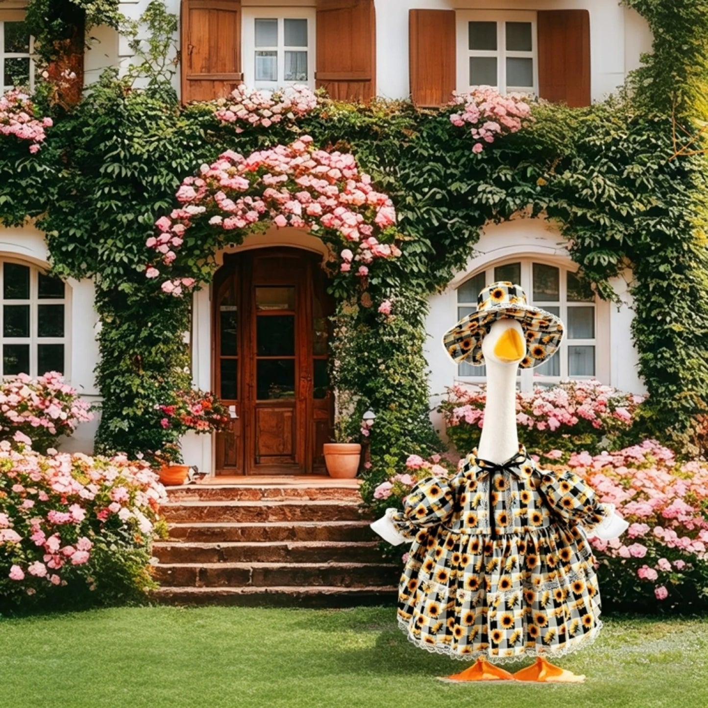 Porch Goose Summer Outfit Cute Sunflower Dress and Sun Hat Set for 23 Inch Lawn Goose Statue Clothes