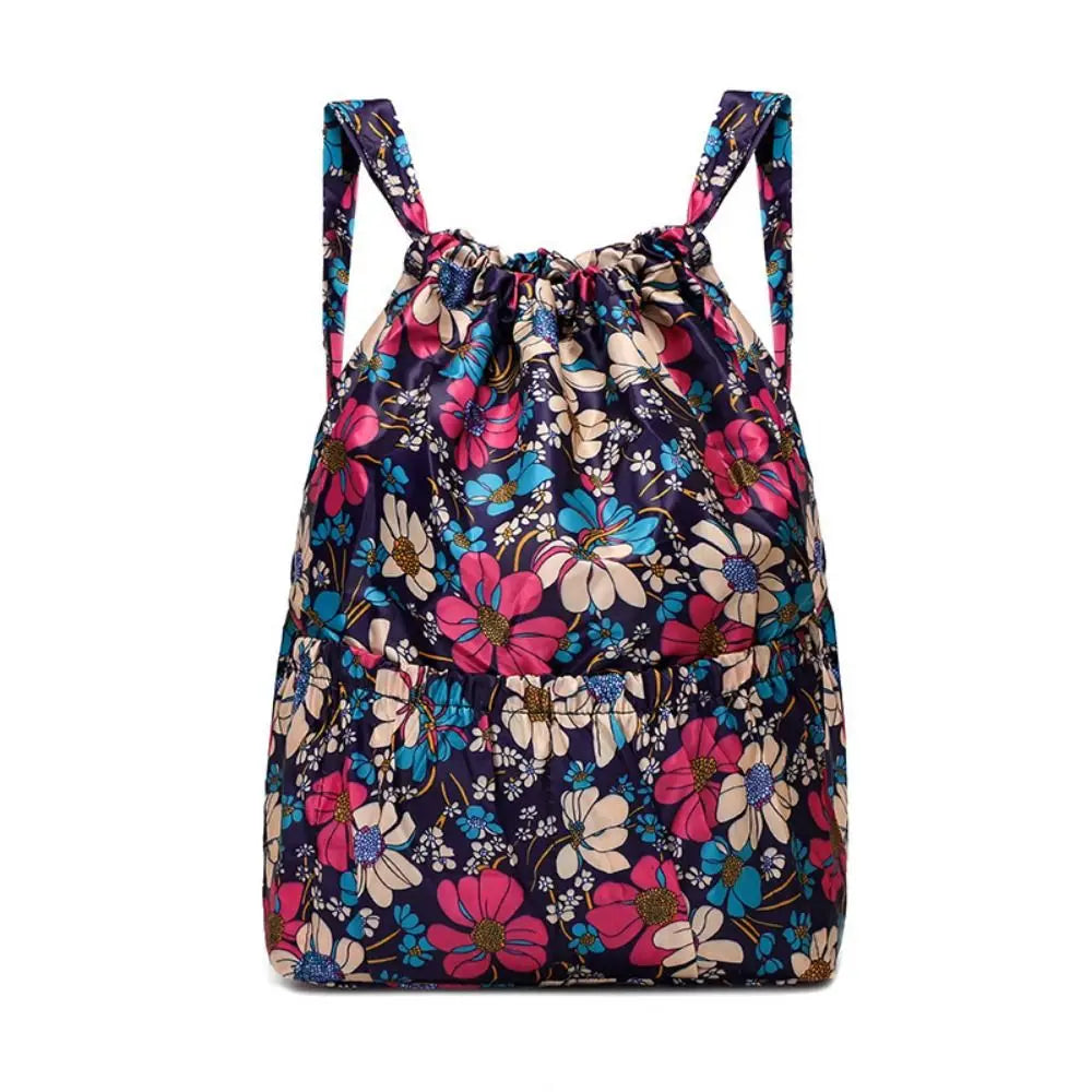 Multifunctional Floral Printed Drawstring Bag Polyester Waterproof Backpacks Fold Sports Travel Bag Teenage Girls