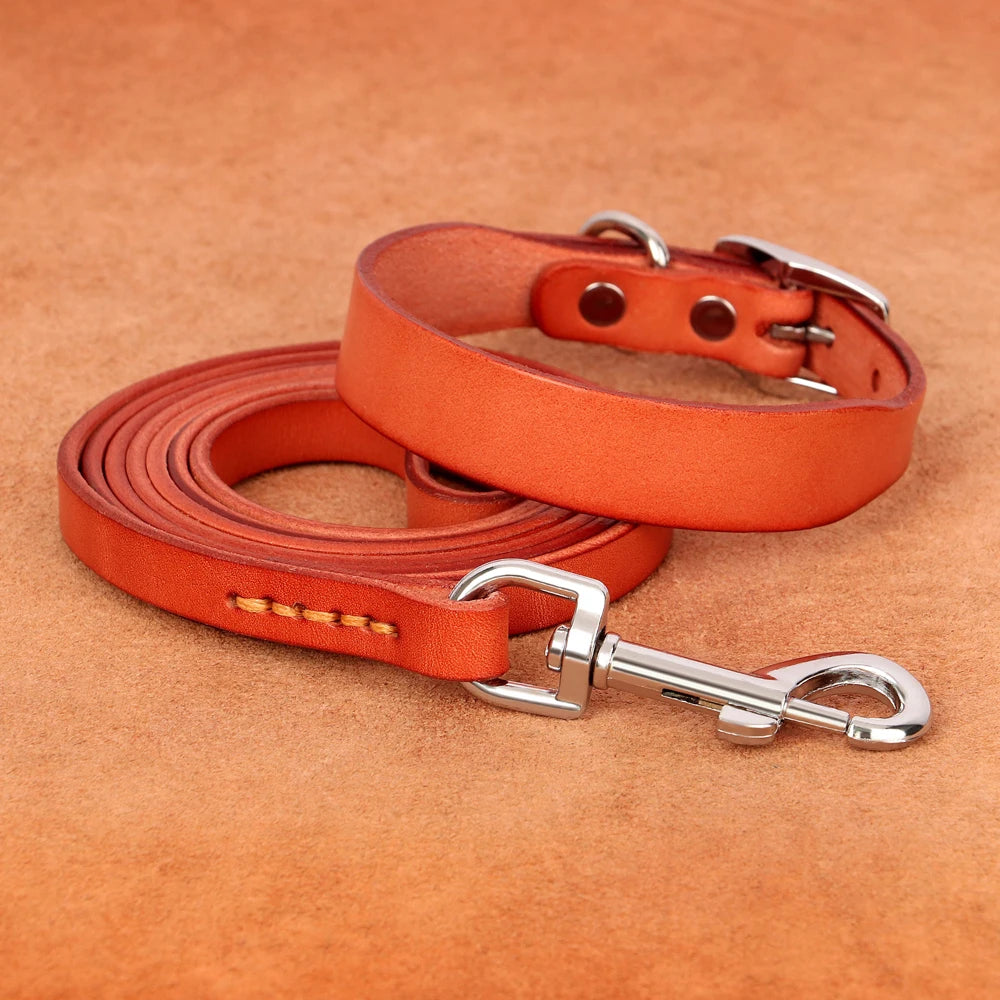 Genuine Leather Pet Collar plus Leash Set