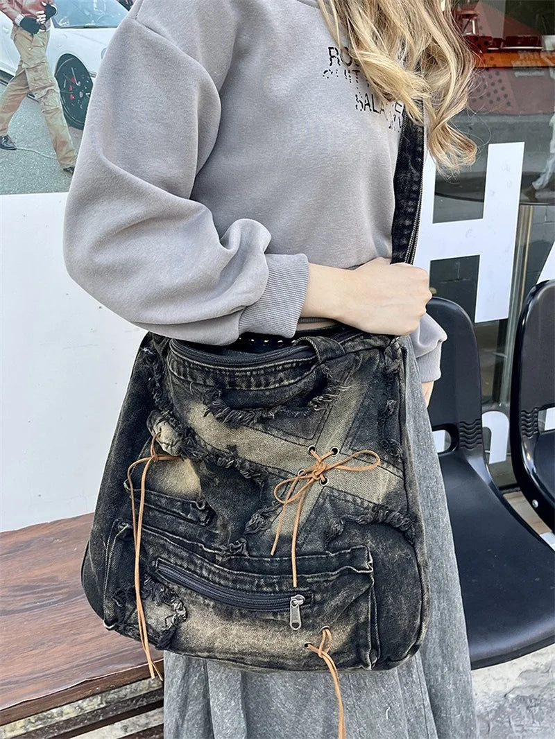 Nesitu High Quality Denim Large Capacity A4 Women Shoulder Messenger Bag Handbag Cross Body Lightweight Blue Black M250301