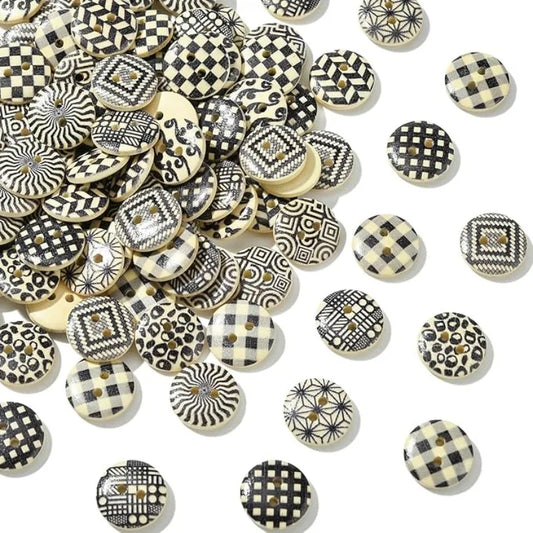 100PCS Vintage Wood Sewing Buttons White and Black 2 Holes Flat Round Decorative Print Wooden Buttons for Craft DIY Art Project