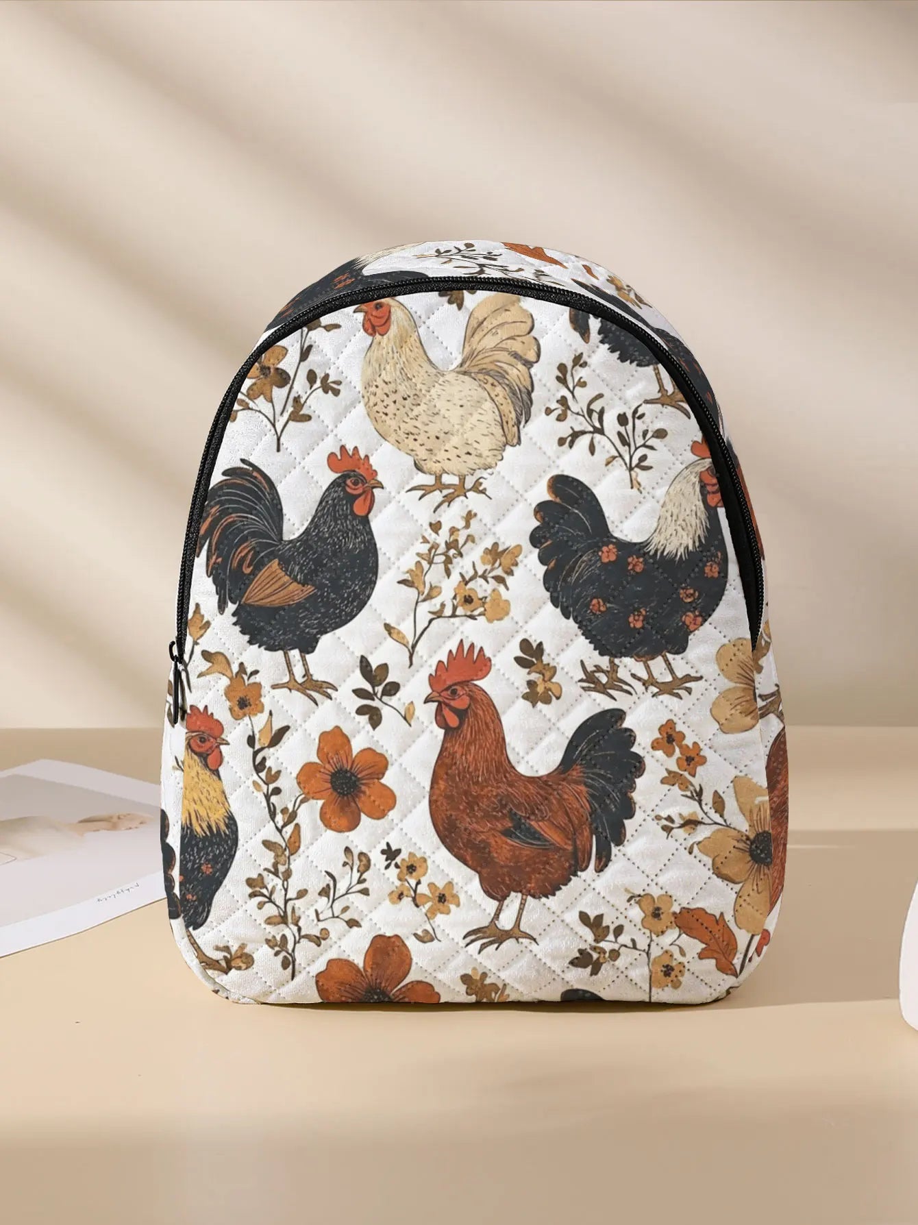 Rooster and Hen Printed Quilted Compact Backpack, Suitable for Outdoor, Travel, Campus, and Daily Use by Both Men and Women