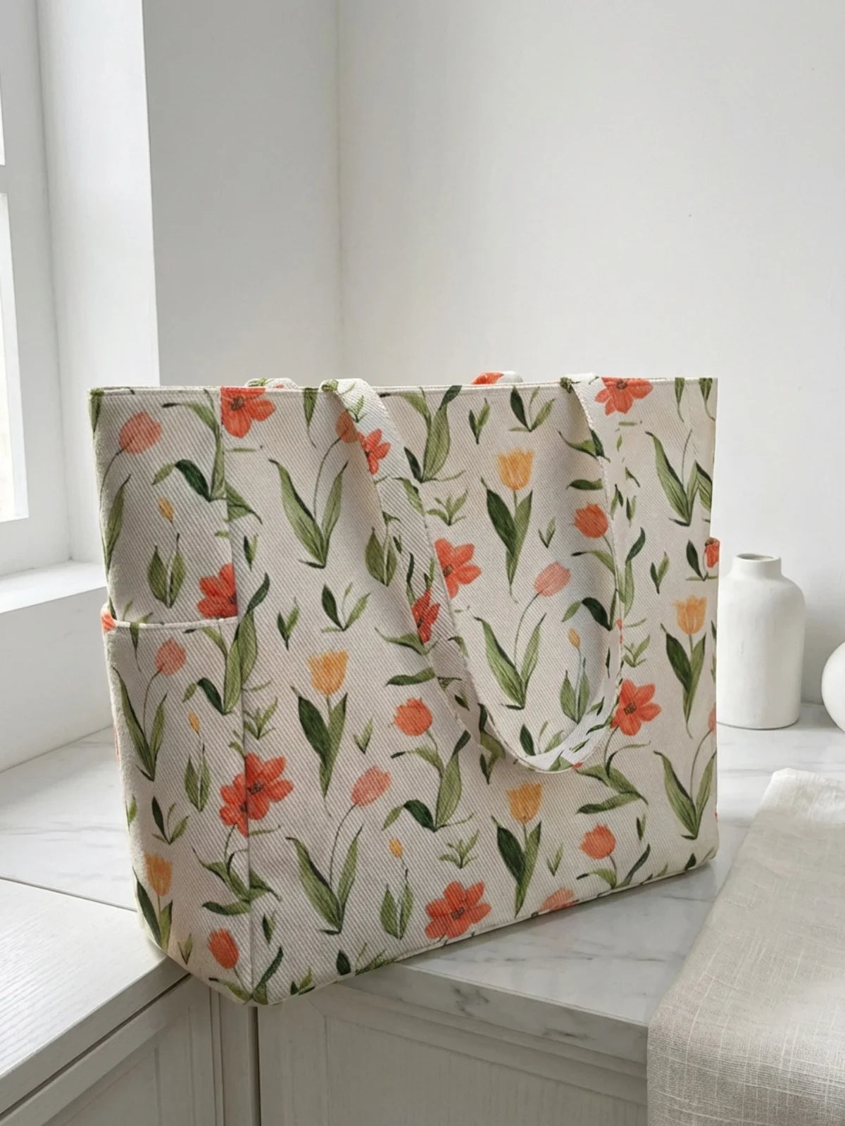 Floral printed large capacity women's handbag, canvas shoulder bag, casual commuting shopping bag