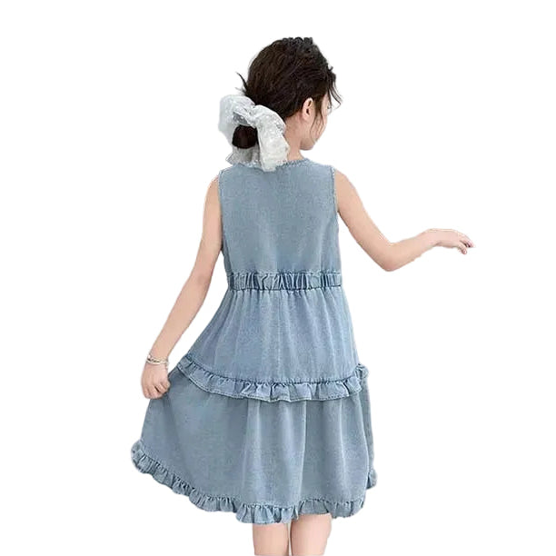 Girls Light Blue Denim Tiered Dress – Sleeveless Country Style Ruffle Chambray Dress for Young Girls & Tweens