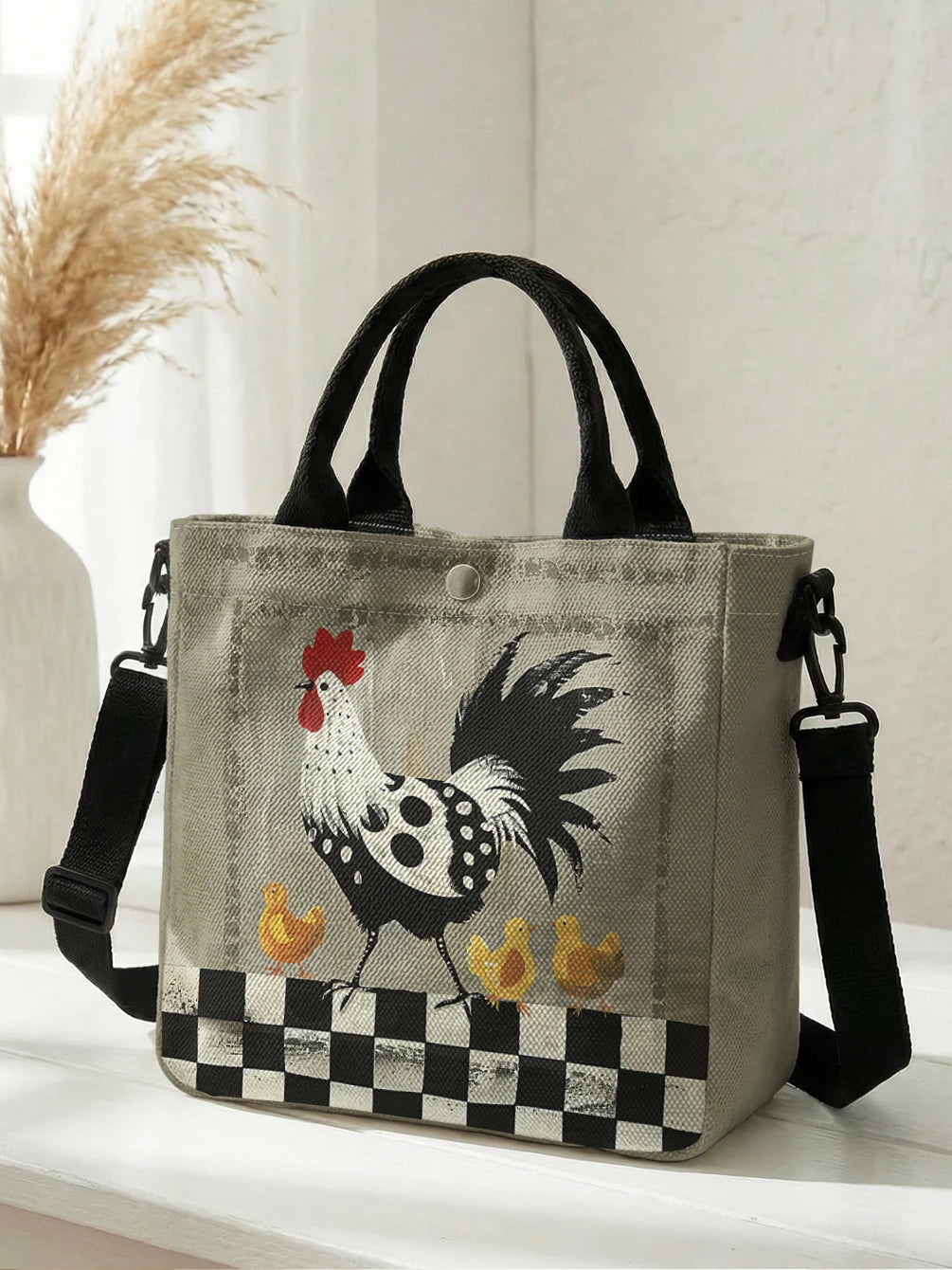 Rooster print handbag with detachable shoulder strap and crossbody bag, suitable for women's daily shopping
