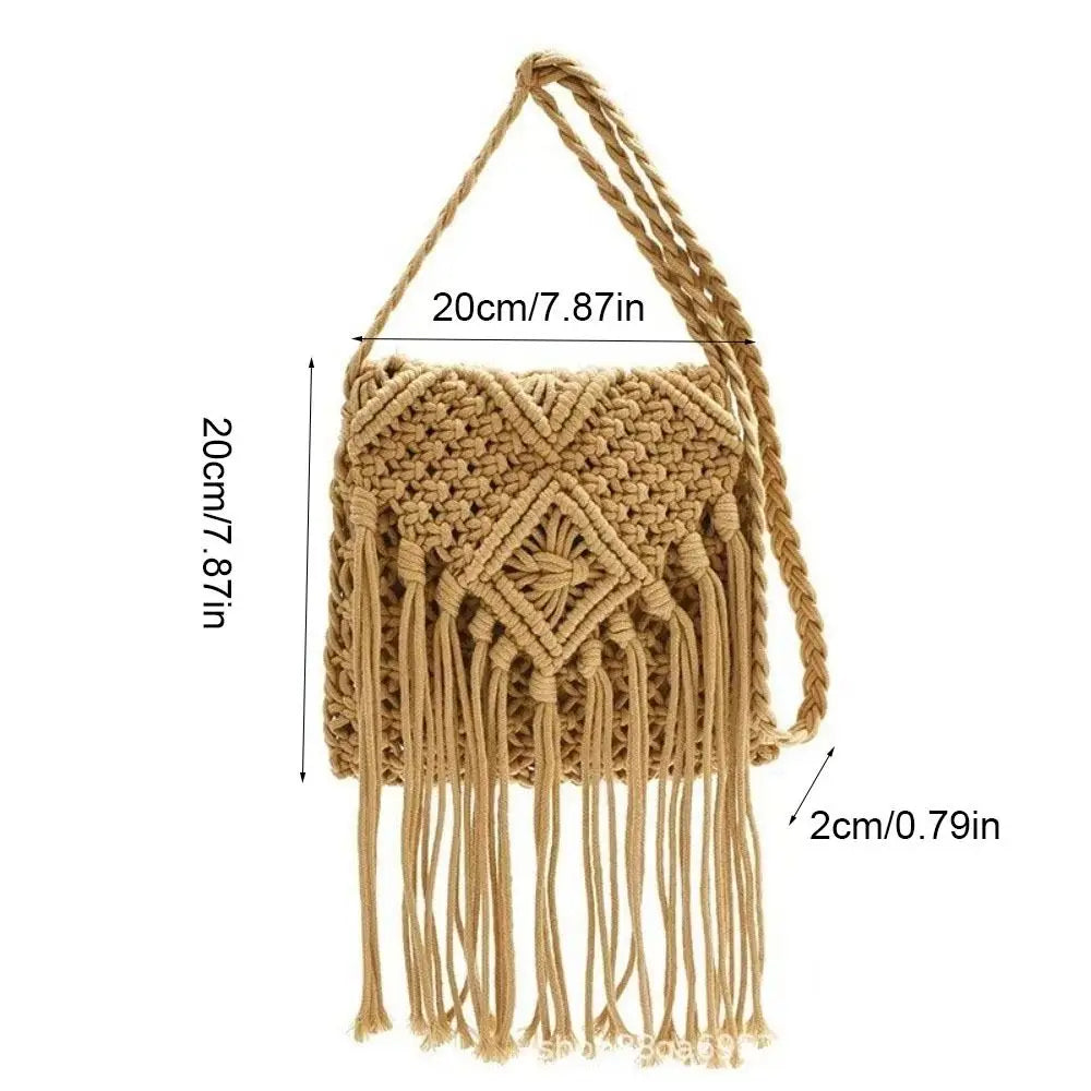 Simple Ethnic Style Woven Straw Bag Solid Color Fringe Tassel Shoulder Bag Coin Purse Phone Bag Women Crossbody Bag Beach