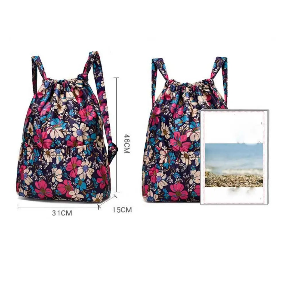 Multifunctional Floral Printed Drawstring Bag Polyester Waterproof Backpacks Fold Sports Travel Bag Teenage Girls