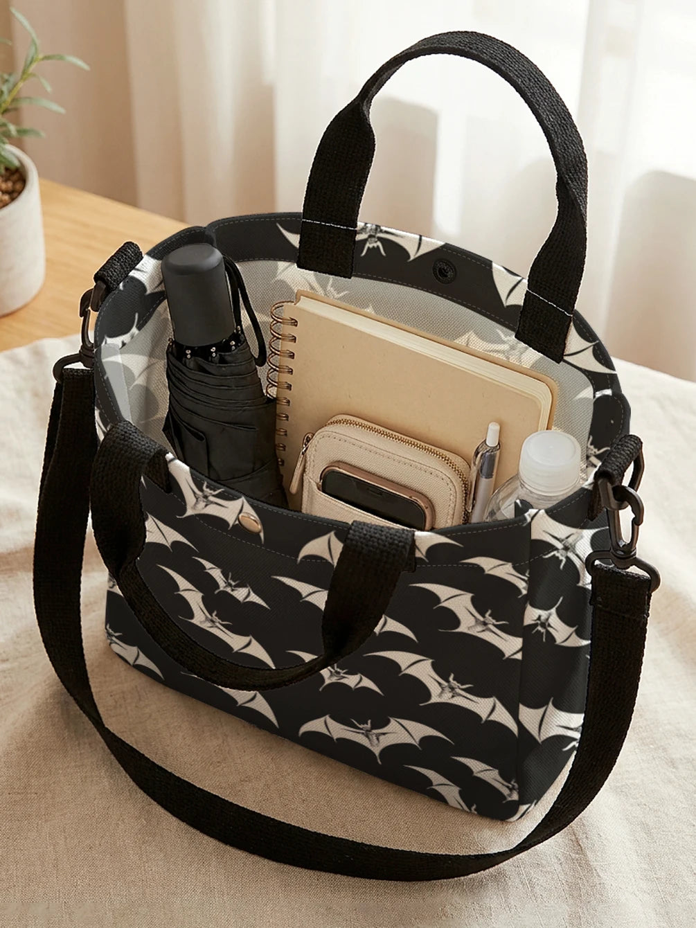 White Bat Halloween Print Tote Bag Detachable Strap Crossbody Handbag For Women Daily Shopping