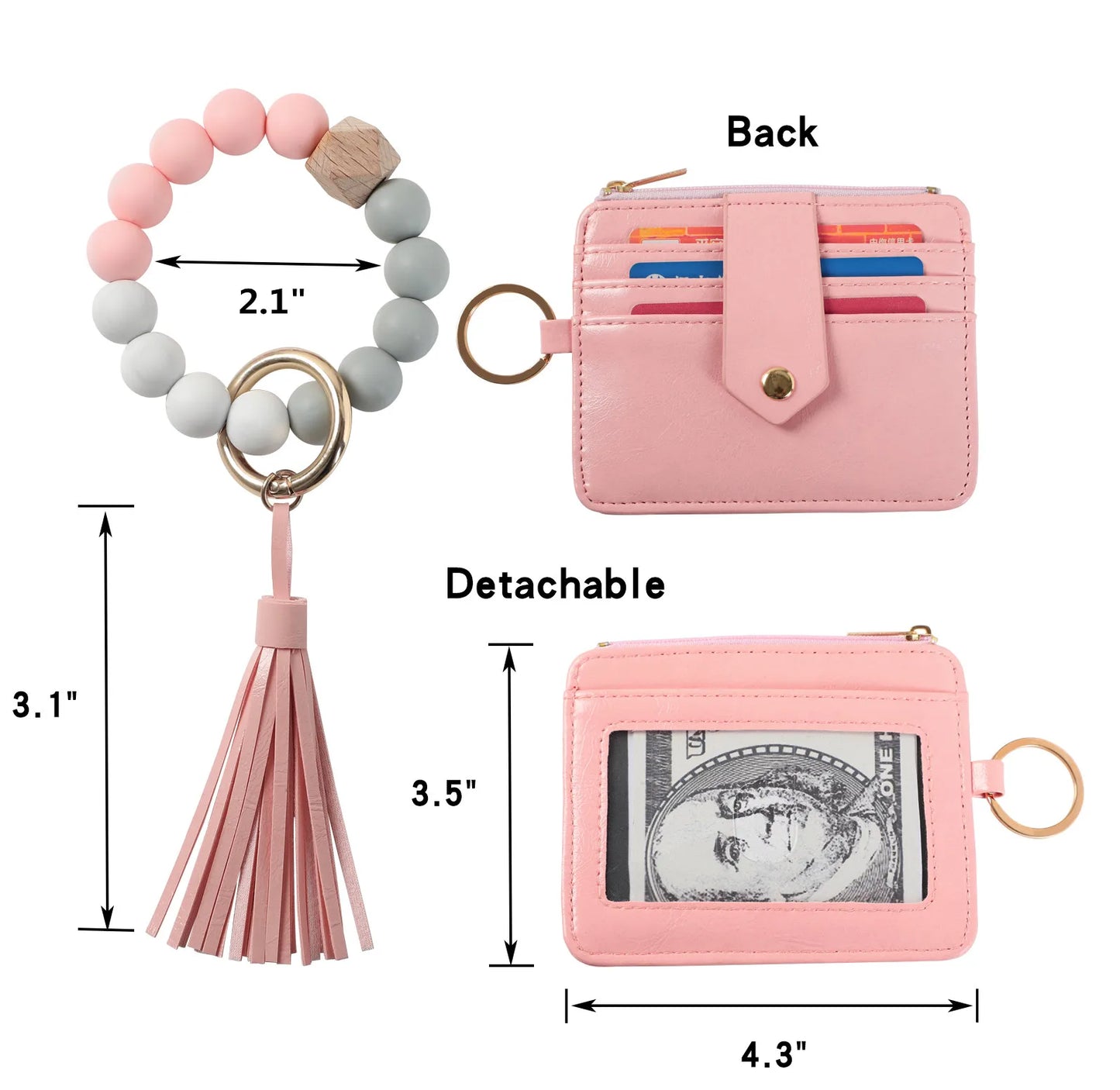 Bracelet Wallet Wristlet Keychain Pocket Credit Card Holder PU Leather Purse Tassel Silicone Bead Bangle Key Ring For Women
