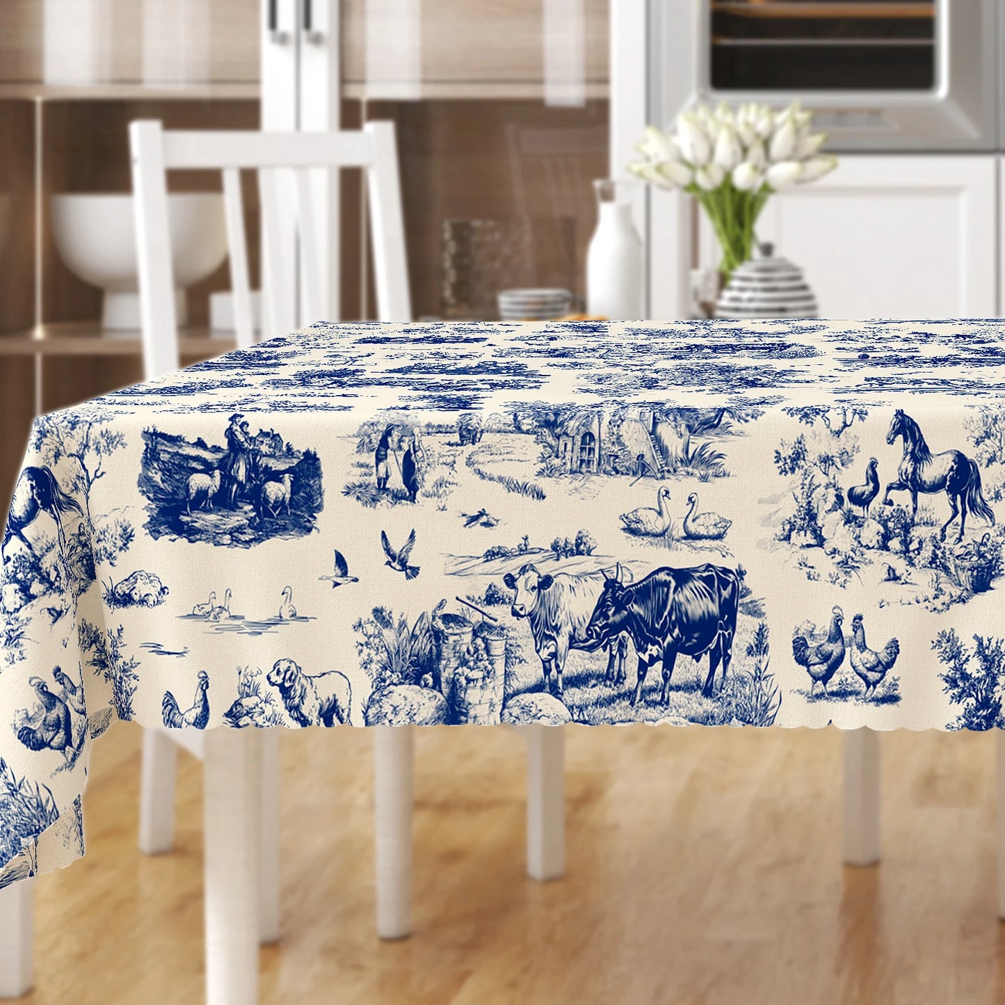 Pastoral Toile Print French Country-style Blue and White Tablecloth