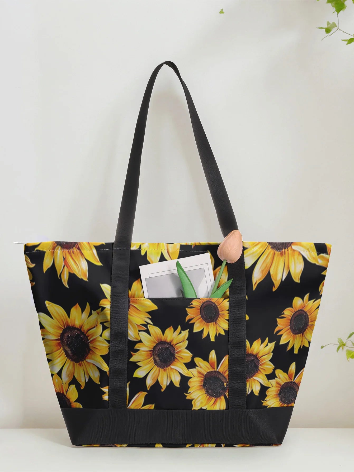 Vintage Sunflower Pattern Tote Bag With Outer Pocket Large Capacity Women Casual Shoulder Bag Shopping Daily Handbag
