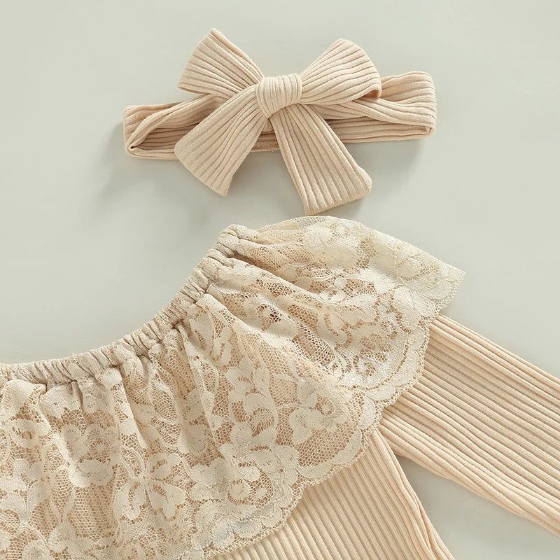 Beige Lace Ruffle Top & Bell-bottoms Jeans Set for Infants & Toddlers, 6M  to 18M