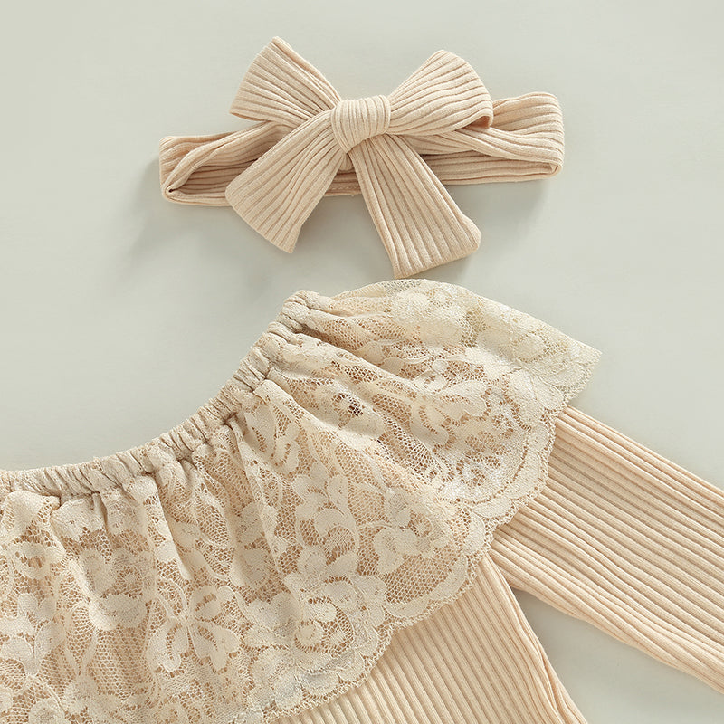 Beige Lace Ruffle Top & Bell-bottoms Jeans Set for Infants & Toddlers, 6M  to 18M