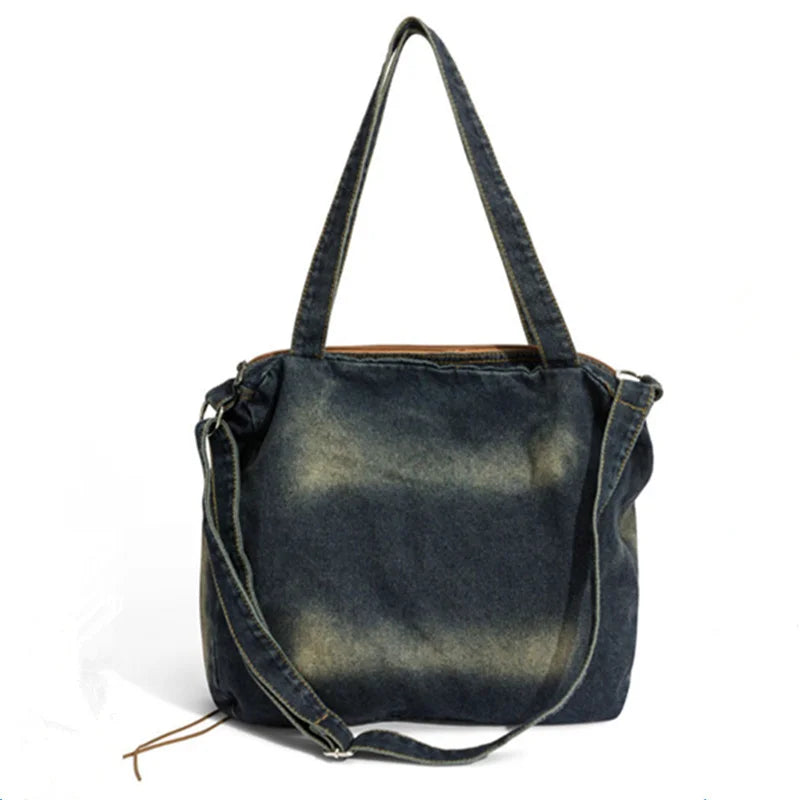 Nesitu High Quality Denim Large Capacity A4 Women Shoulder Messenger Bag Handbag Cross Body Lightweight Blue Black M250301