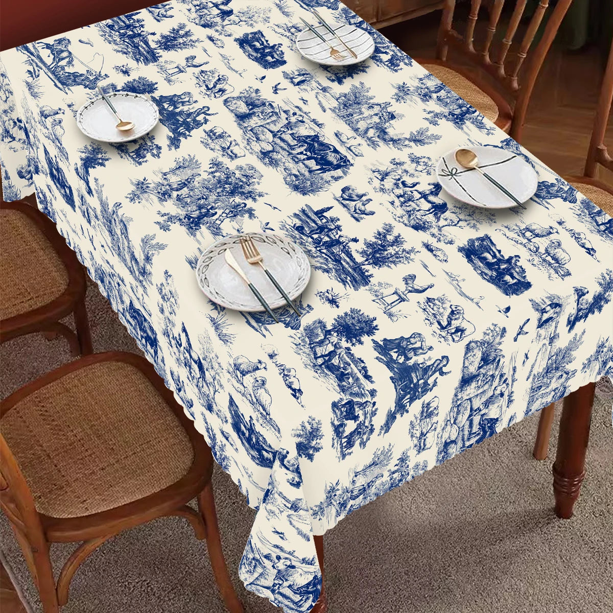 Pastoral Toile Print French Country-style Blue and White Tablecloth