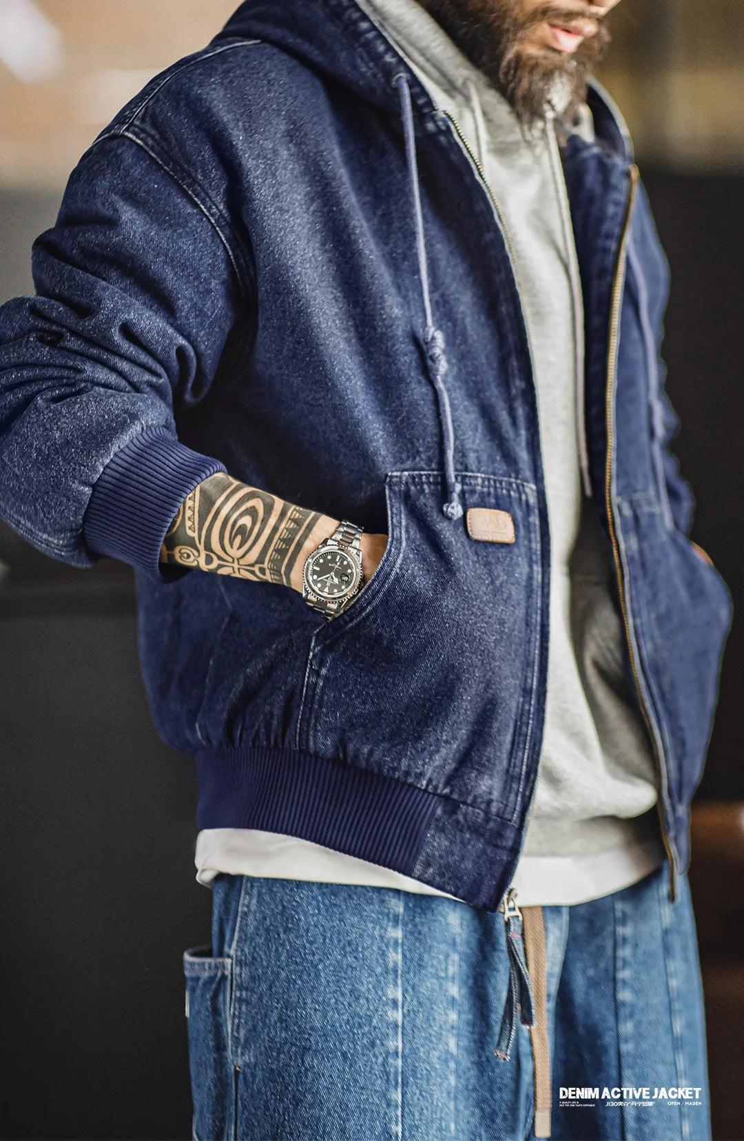 Retro Men's Heavyweight Denim Jacket, Vintaged Hooded Zip-up Work Jacket