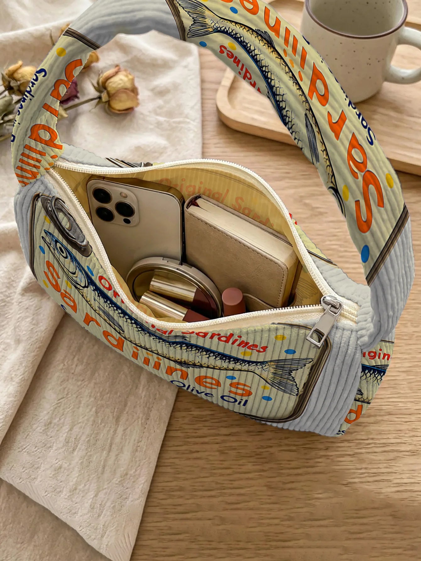 Trendy Sardine Print Shoulder Bag, Corduroy Underarm Bag for Daily Casual Use