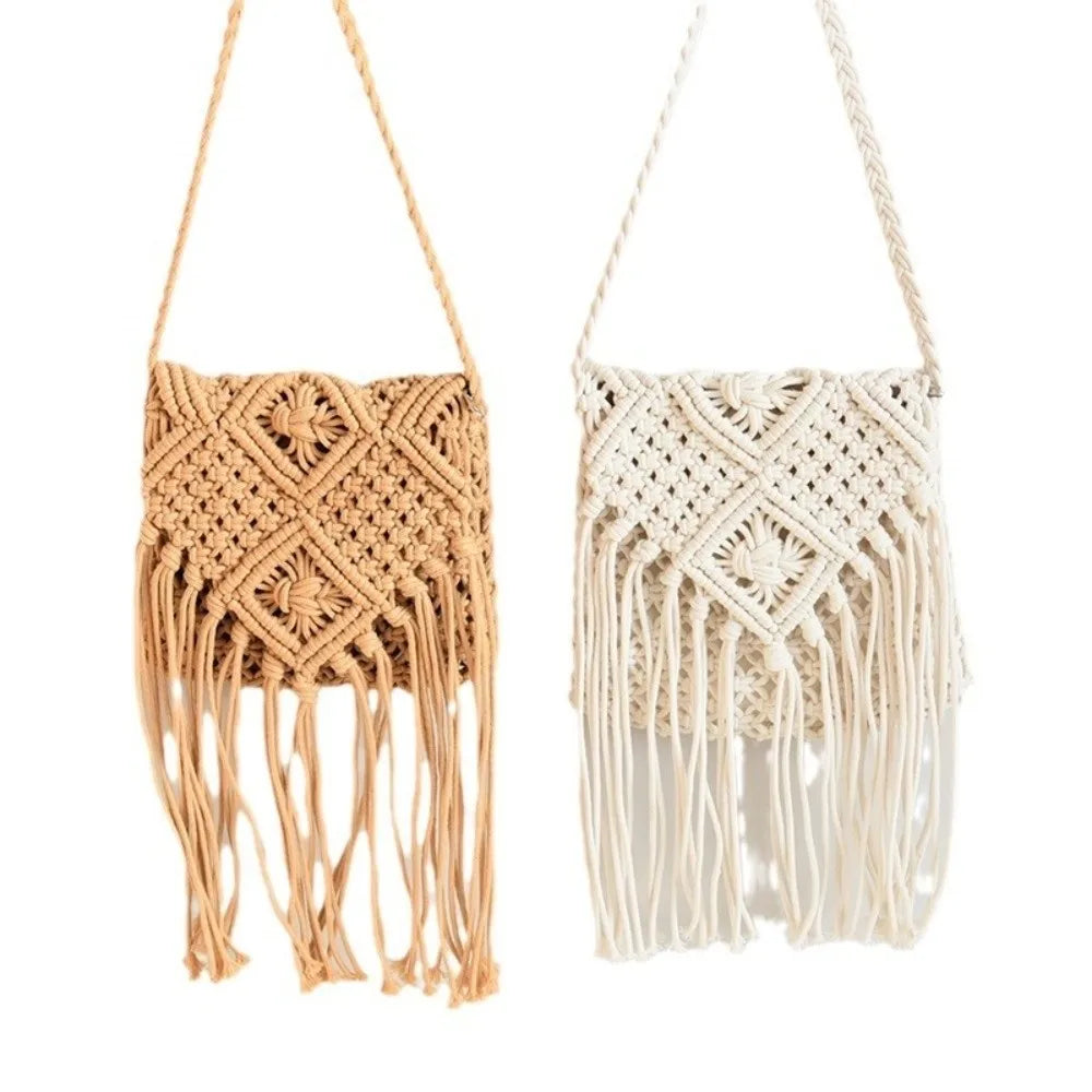 Simple Ethnic Style Woven Straw Bag Solid Color Fringe Tassel Shoulder Bag Coin Purse Phone Bag Women Crossbody Bag Beach
