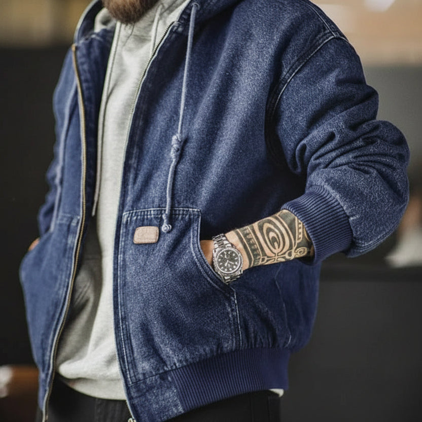Retro Men's Heavyweight Denim Jacket, Vintaged Hooded Zip-up Work Jacket