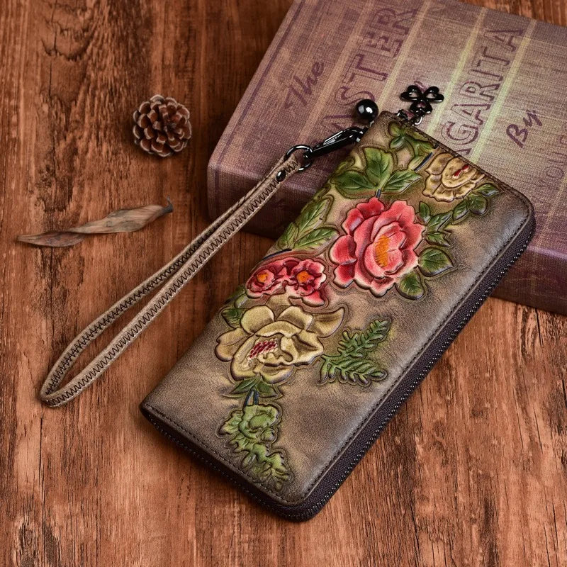 Nesitu Highend Vintage Long Size Flower Brown Coffee Red Top Grain Genuine Leather Women Clutch Wallet Lady Phone Purse M004