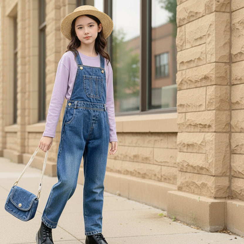 Kids Classic Denim Overalls – Unisex Straight Leg Jeans Dungarees for Boys & Girls (Ages 7–13)
