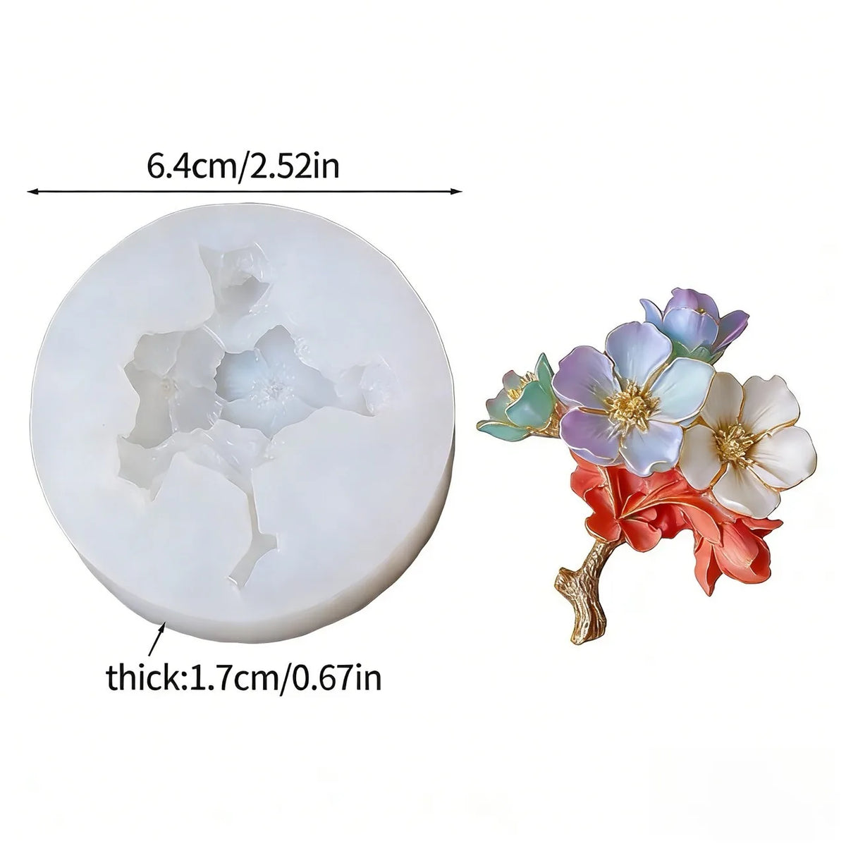 White circular floral mold shown with dimension labels and a small colorful flower design example beside it on a light gray background.