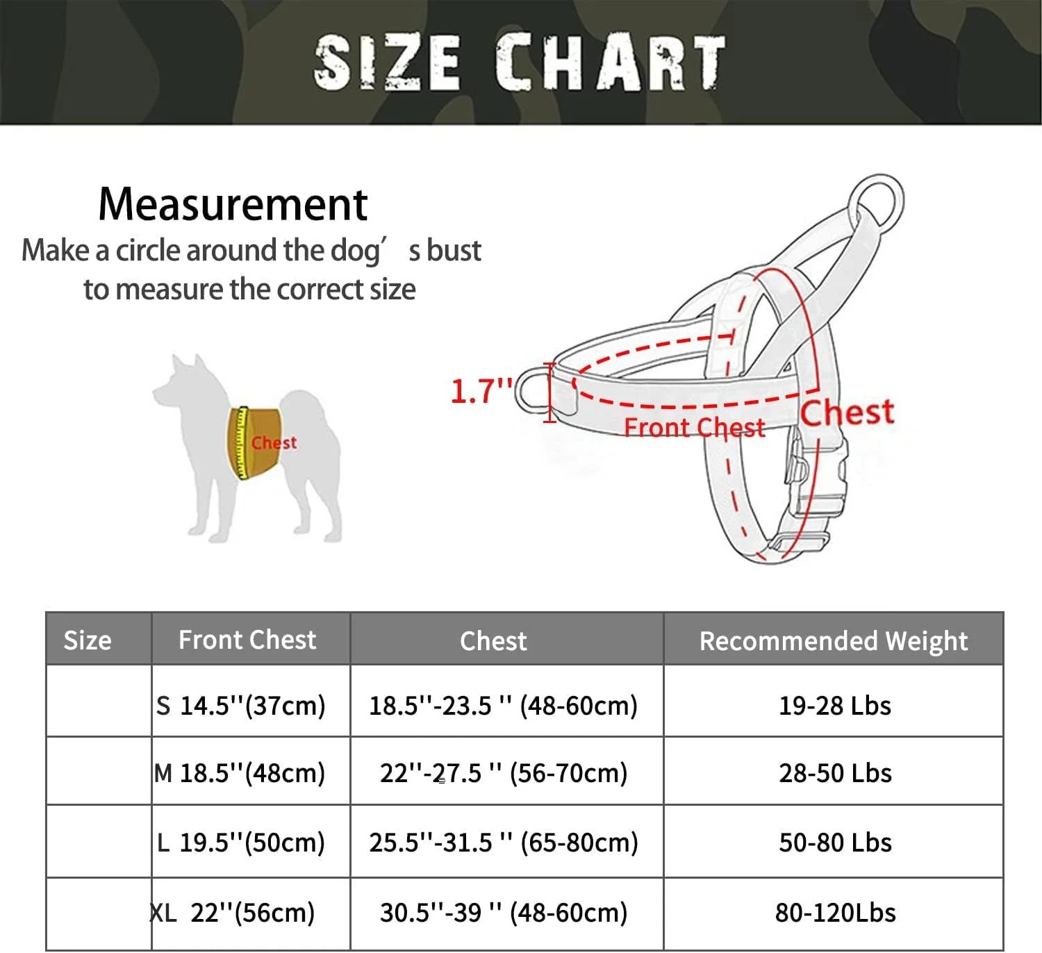Dog harness size chart with measurement guide and sizing information.