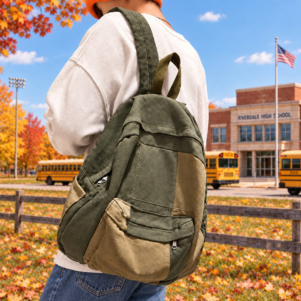 A person wearing a white sweatshirt and beige pants shown from the back and side, carrying an olive green and beige canvas backpack on their shoulder.