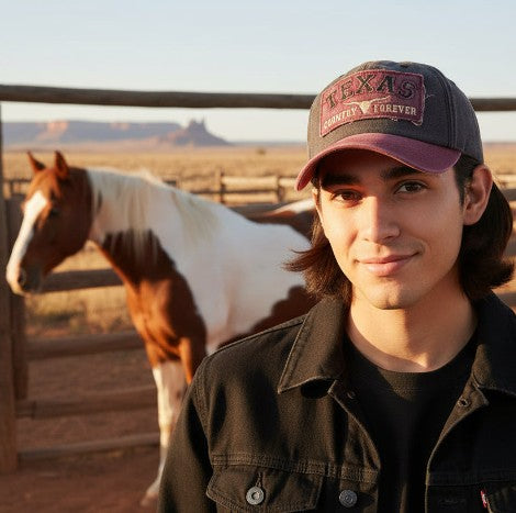 Man wearing a 'Texas Forever' cap with a horse in the background