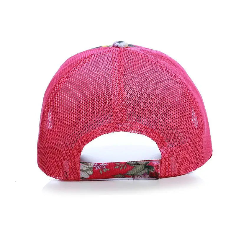 Back side of a Pink mesh cap with floral pattern on a white background.