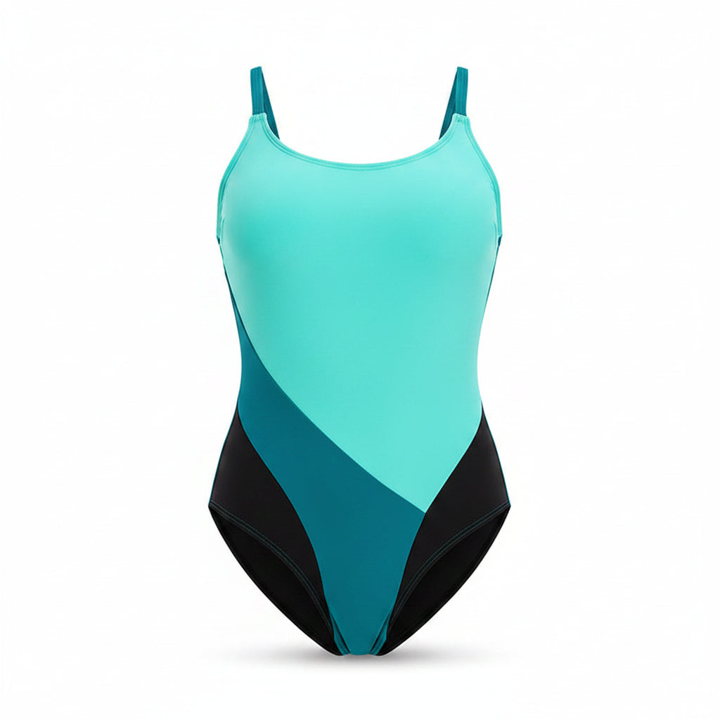 A turquoise and black one-piece swimsuit on a white background