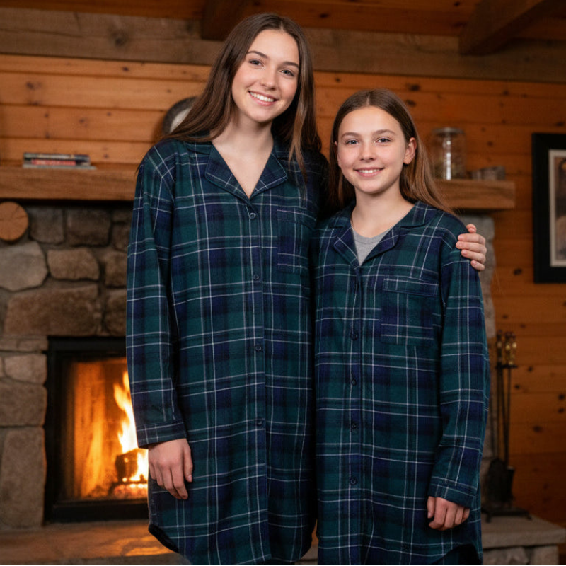 Two people wearing matching plaid nightgowns in front of a fireplace.