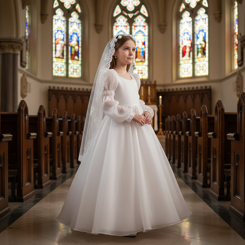 Puffed Shoulder, Lantern-Sleeved White Flower Girl, First Communion Dress for Girls 3T-13 Yrs