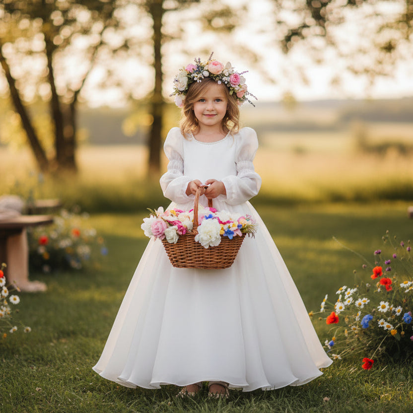 White dress with long sleeves on a young flower girl at outdoor wedding