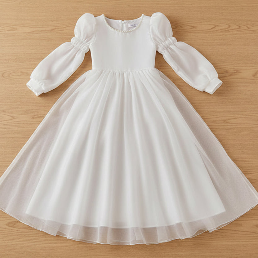 Puffed Shoulder, Lantern-Sleeved White Flower Girl, First Communion Dress for Girls 3T-13 Yrs