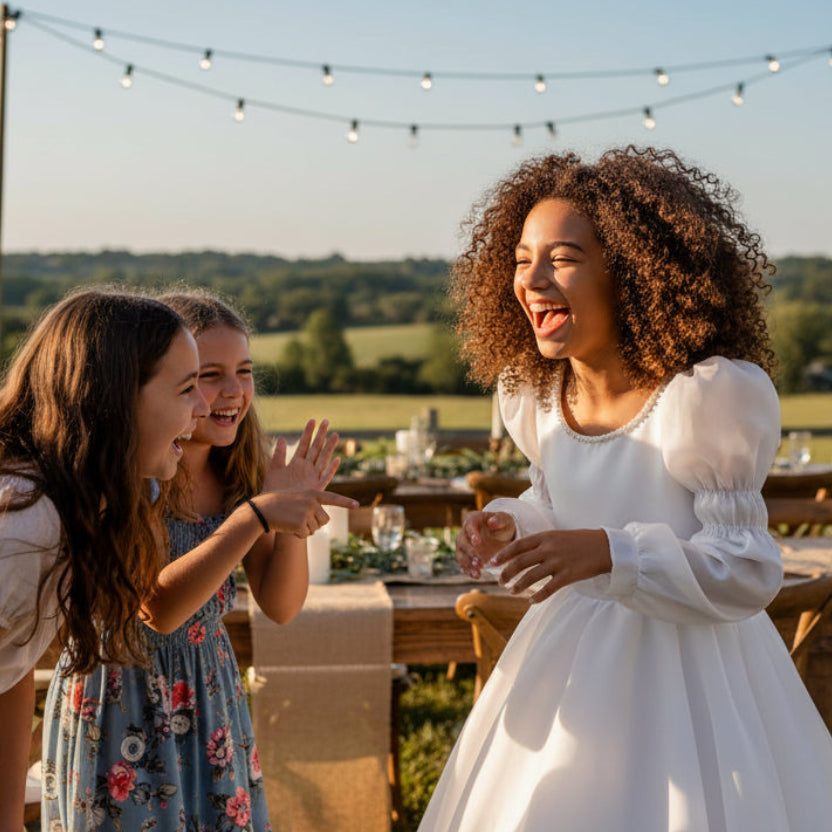 Girl wearing white dress laughing
