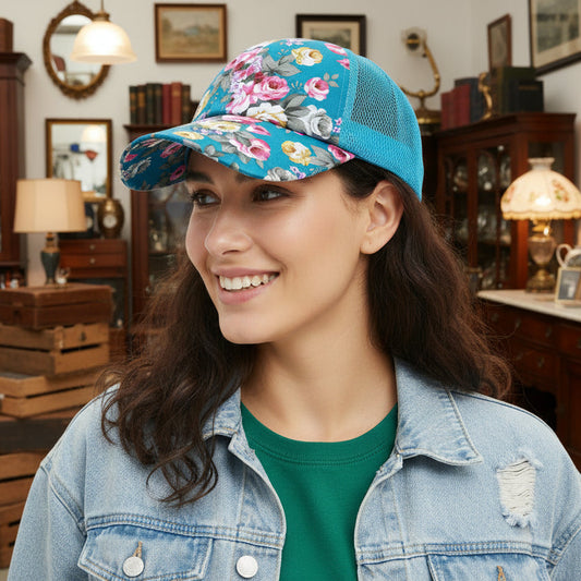 Woman wearing a floral baseball cap at an antiques store
