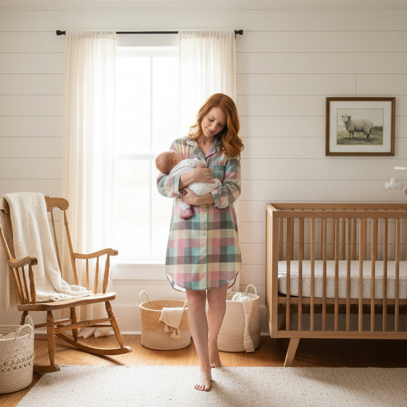 Woman holding a baby in a nursery with a crib and rocking chair.