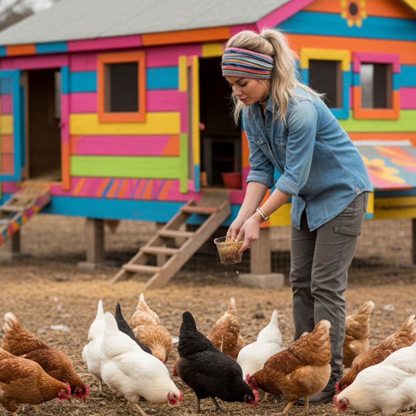 Woman wearing a colorful striped headband while feeding chickens