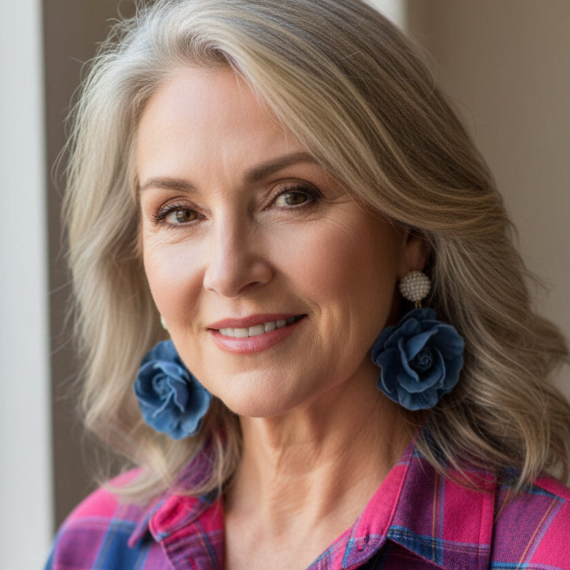 Woman wearing blue floral earrings and a pink plaid shirt.